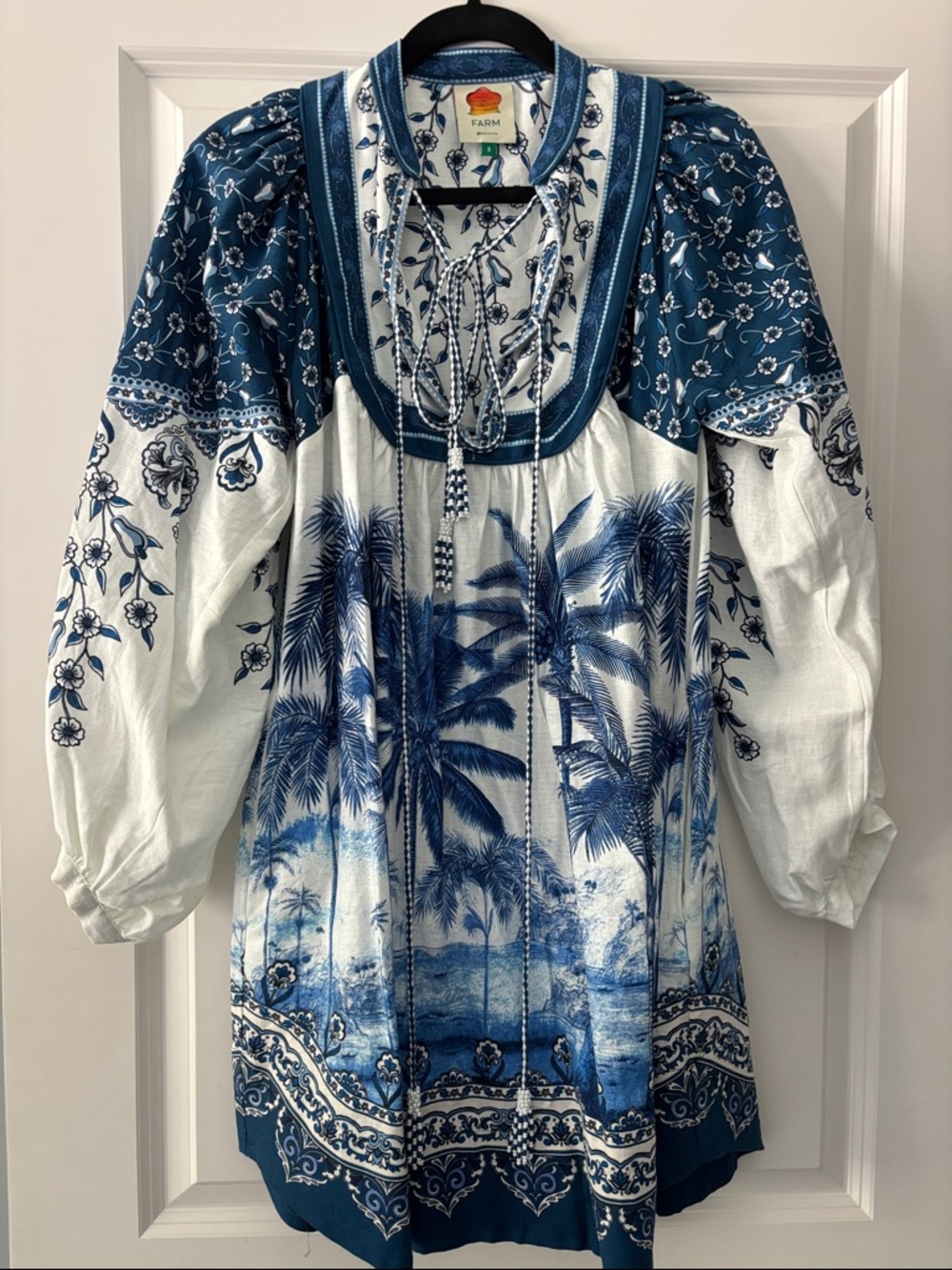FARM Rio Blue & White Palm Print Mini Dress Size S